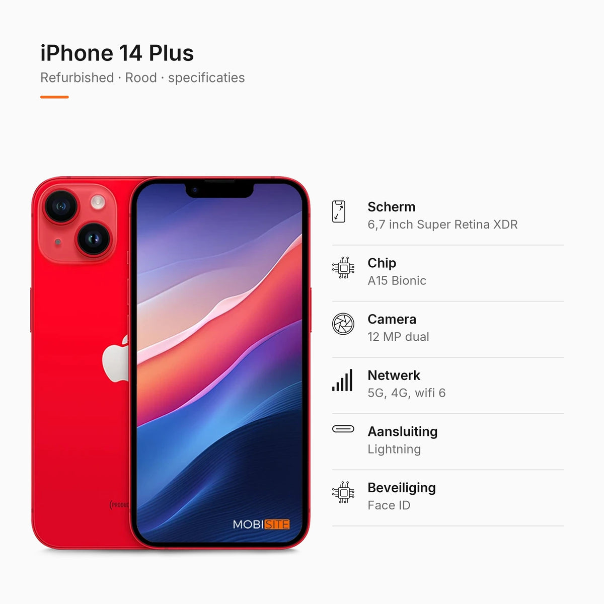 Refurbished iPhone 14 Plus Rood, specificaties