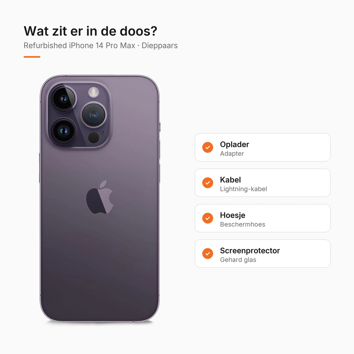 Refurbished iPhone 14 Pro Max Dieppaars, wat zit er in de doos