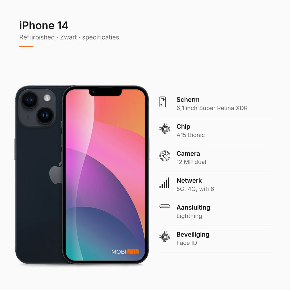 Refurbished iPhone 14 Zwart, specificaties
