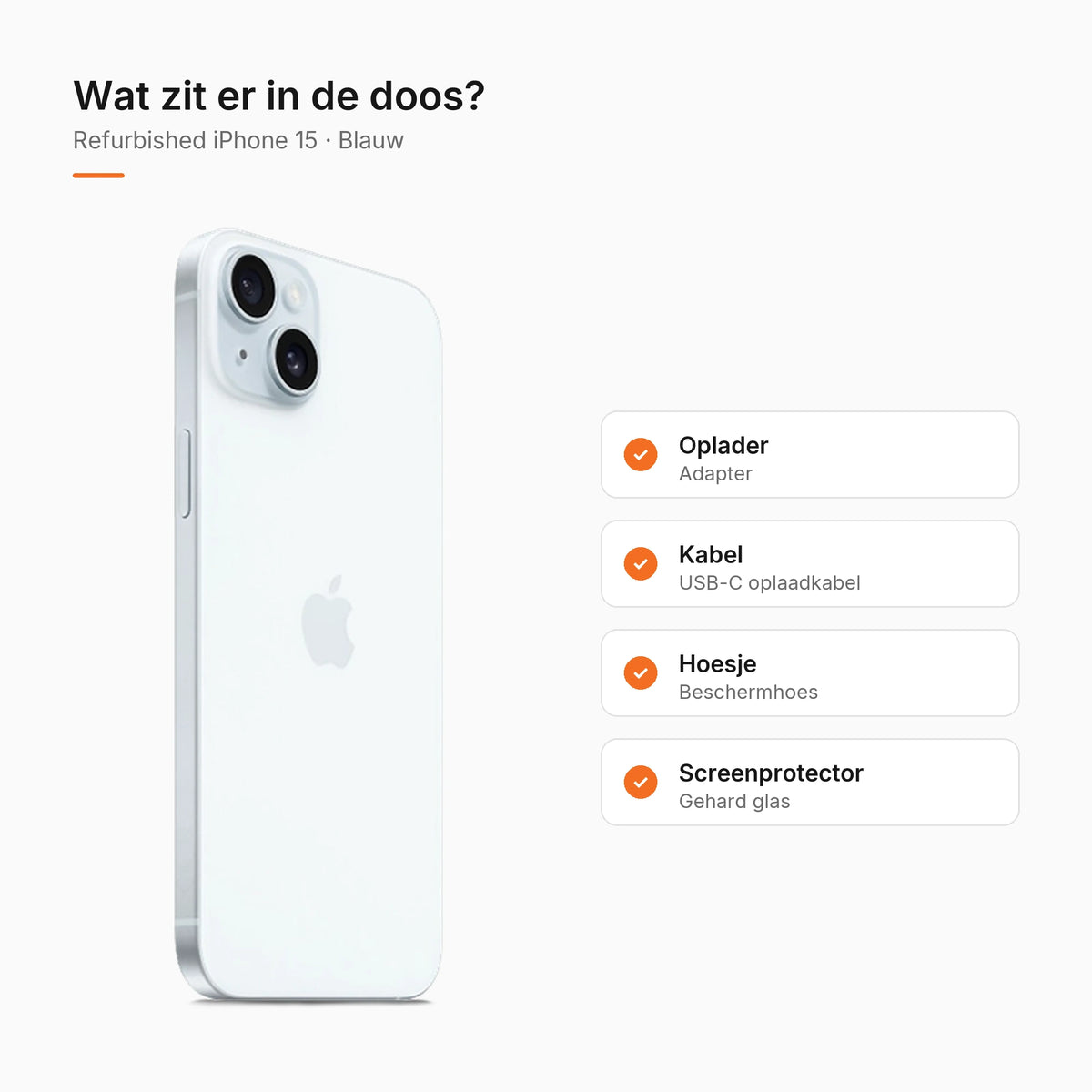 Refurbished iPhone 15 Blauw, wat zit er in de doos