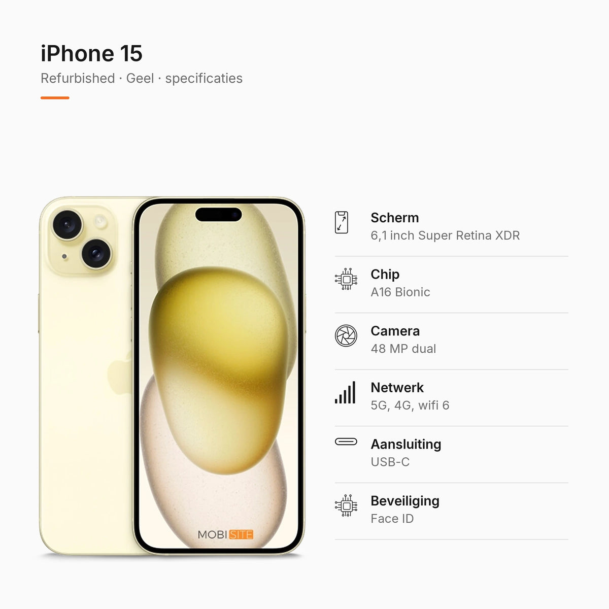 Refurbished iPhone 15 Geel, specificaties