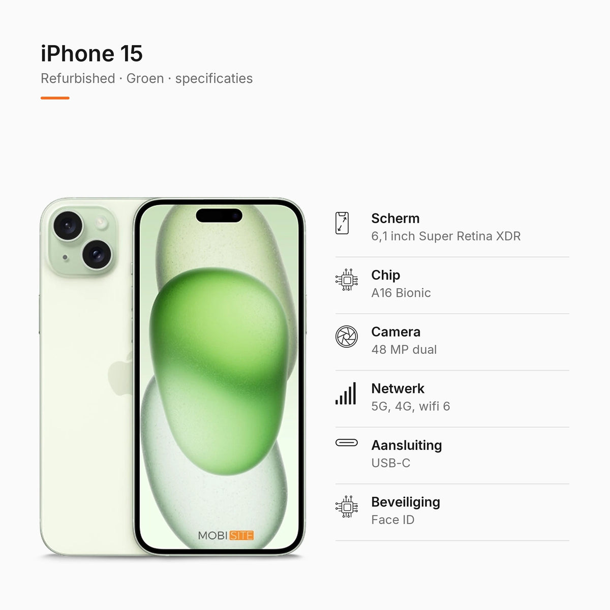 Refurbished iPhone 15 Groen, specificaties