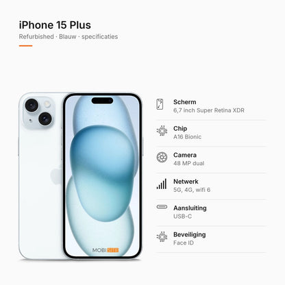 Refurbished iPhone 15 Plus Blauw, specificaties