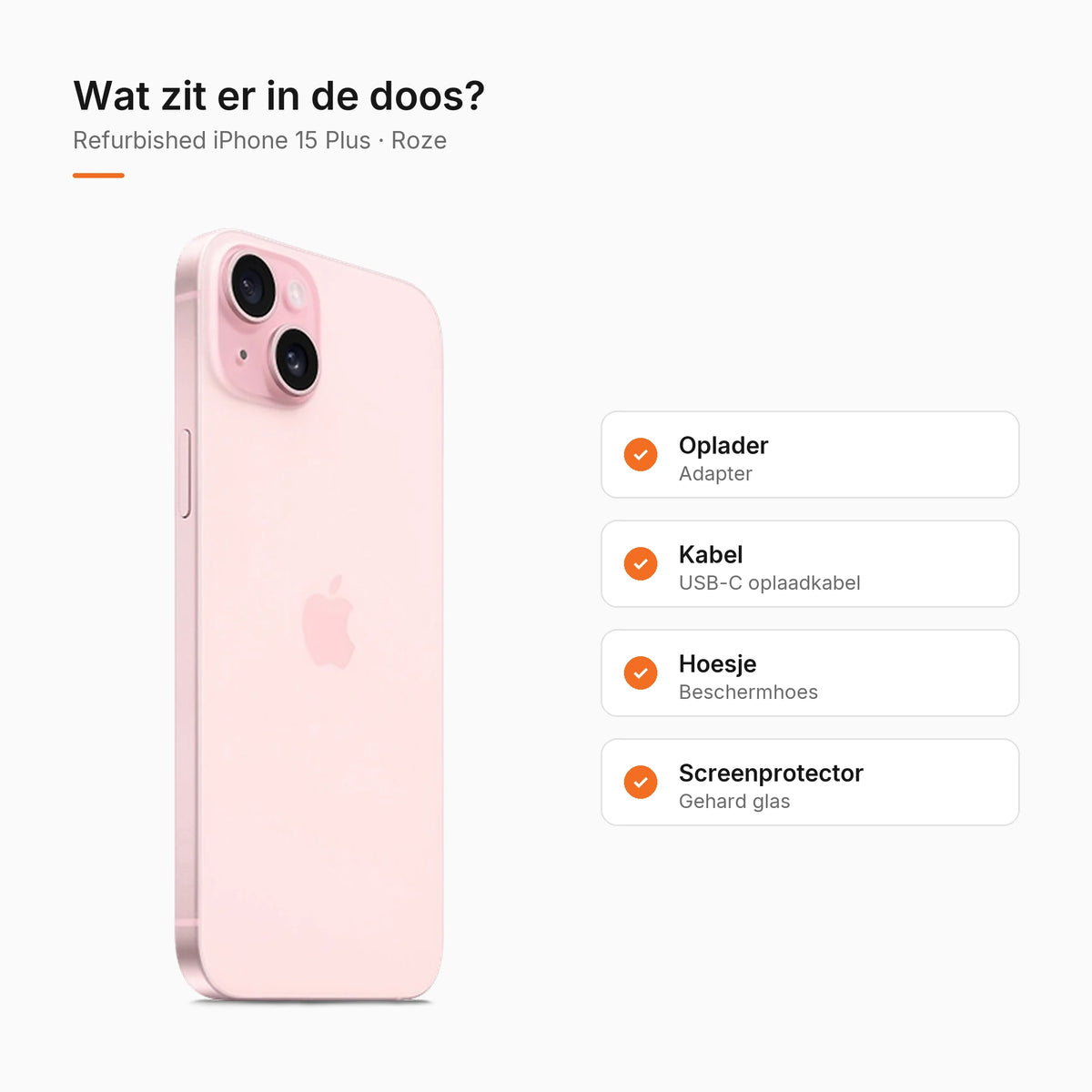 Refurbished iPhone 15 Plus Roze, wat zit er in de doos
