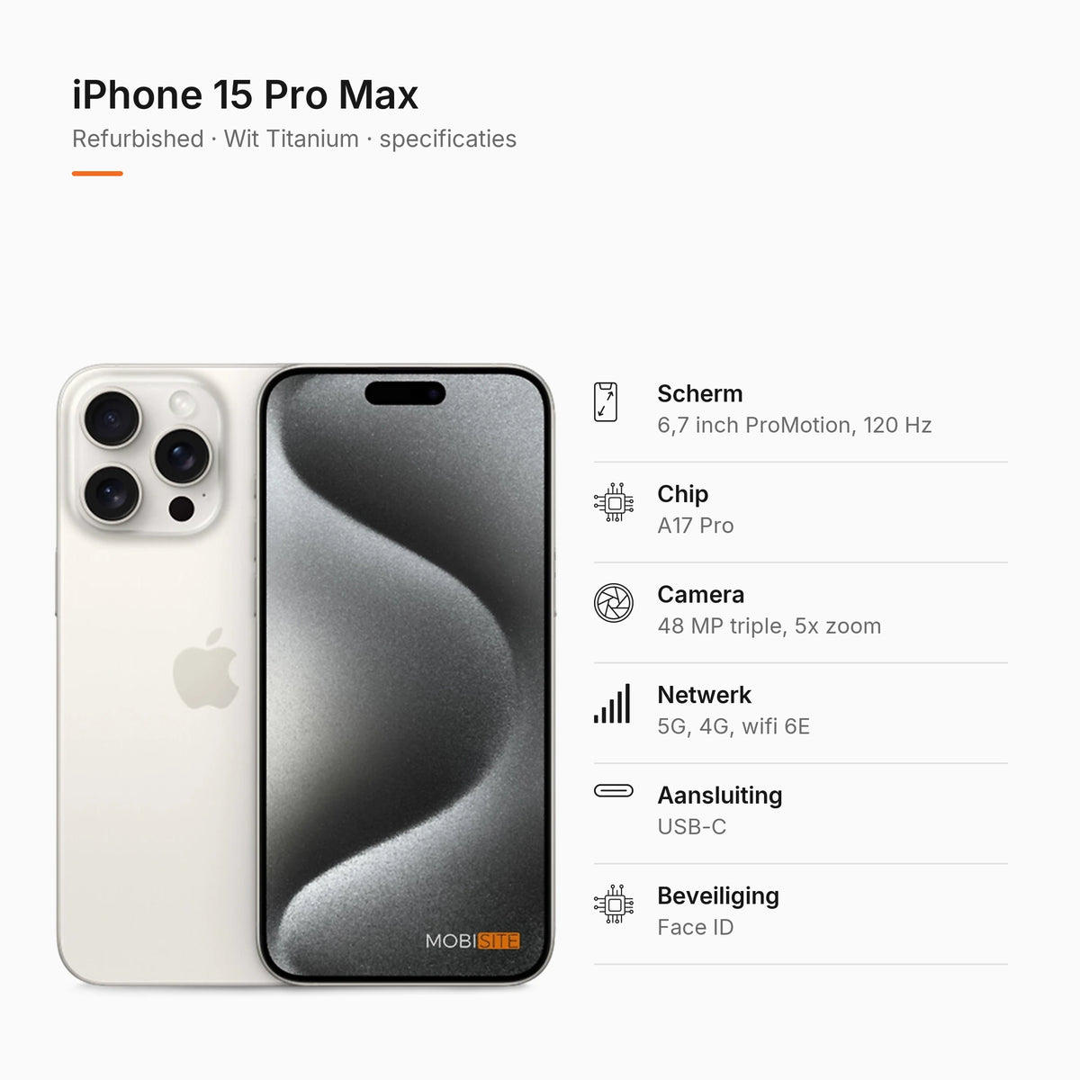 Refurbished iPhone 15 Pro Max Wit Titanium, specificaties
