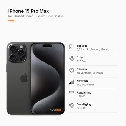 Refurbished iPhone 15 Pro Max Zwart Titanium, specificaties