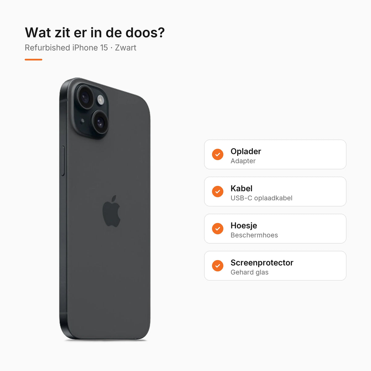Refurbished iPhone 15 Zwart, wat zit er in de doos