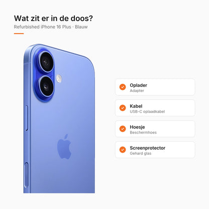 Refurbished iPhone 16 Plus Blauw, wat zit er in de doos