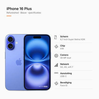 Refurbished iPhone 16 Plus Blauw, specificaties