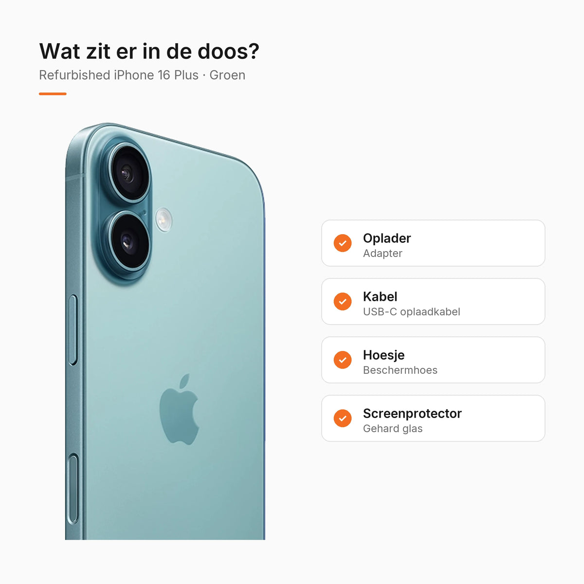 Refurbished iPhone 16 Plus Groen, wat zit er in de doos