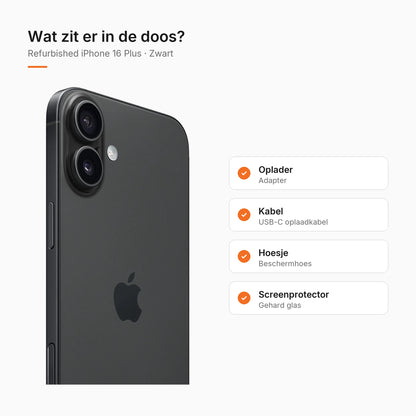 Refurbished iPhone 16 Plus Zwart, wat zit er in de doos