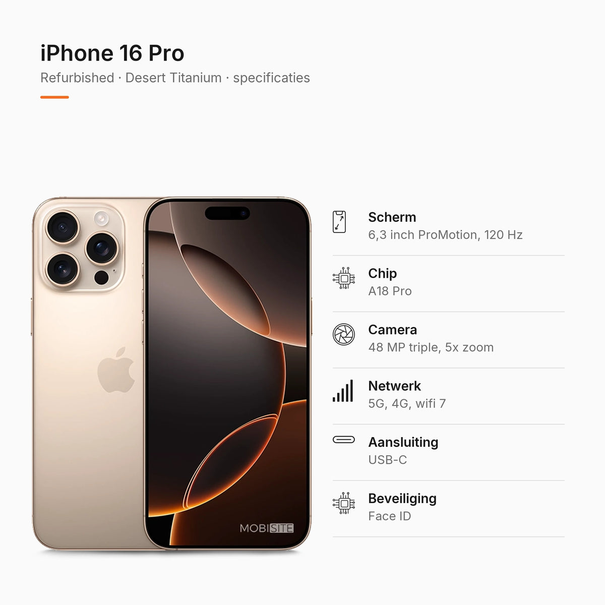 Refurbished iPhone 16 Pro Desert Titanium, specificaties