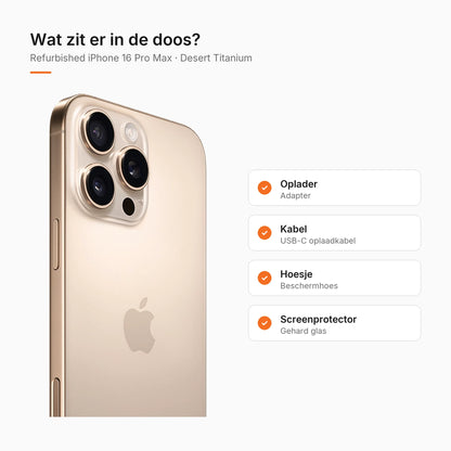 Refurbished iPhone 16 Pro Max Desert Titanium, wat zit er in de doos
