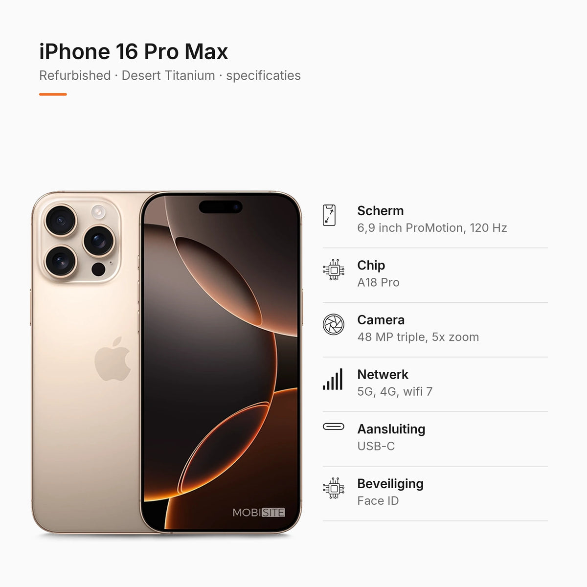 Refurbished iPhone 16 Pro Max Desert Titanium, specificaties
