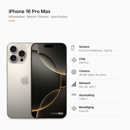 Refurbished iPhone 16 Pro Max Naturel Titanium, specificaties
