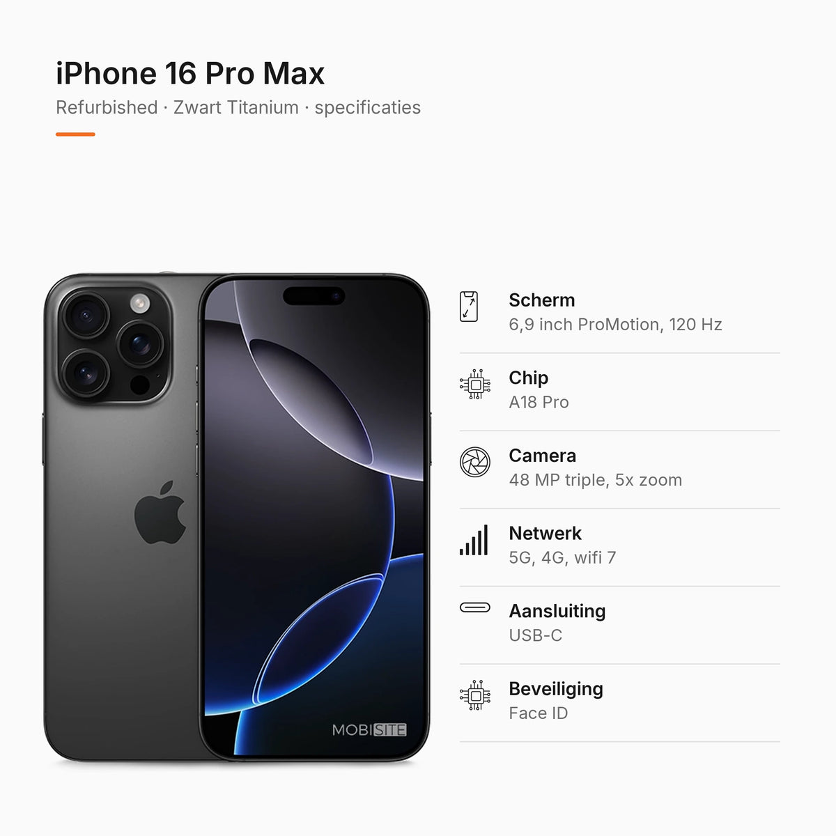 Refurbished iPhone 16 Pro Max Zwart Titanium, specificaties