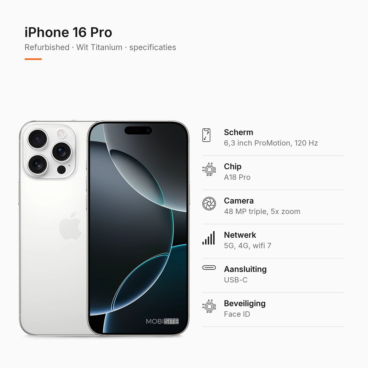 Refurbished iPhone 16 Pro Wit Titanium, specificaties
