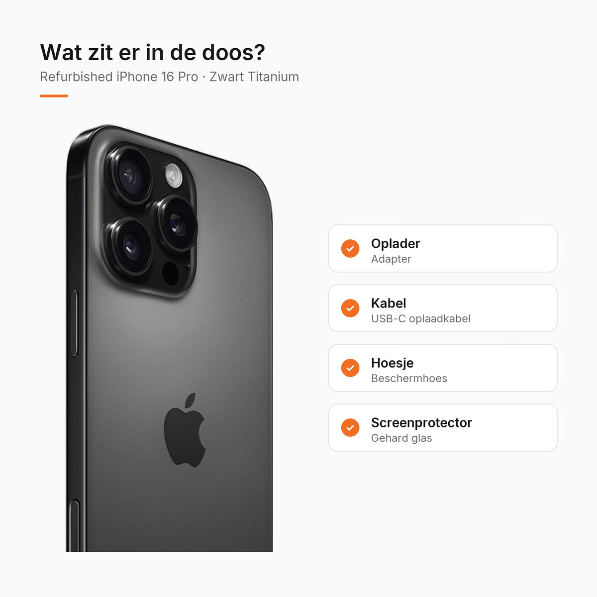 Refurbished iPhone 16 Pro Zwart Titanium, wat zit er in de doos