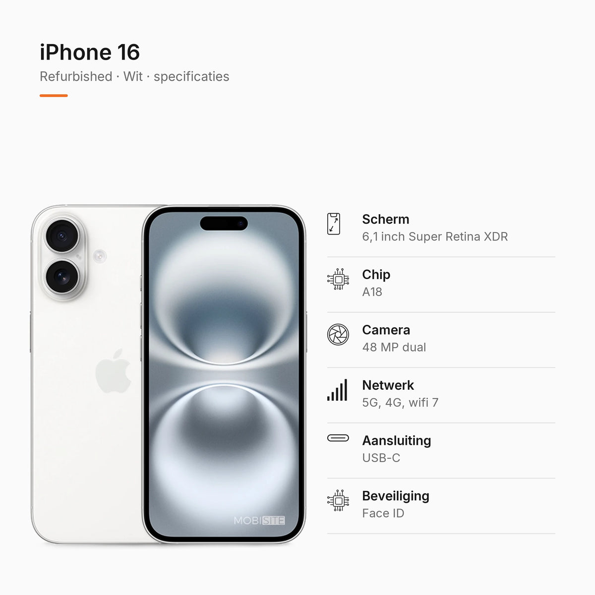 Refurbished iPhone 16 Wit, specificaties