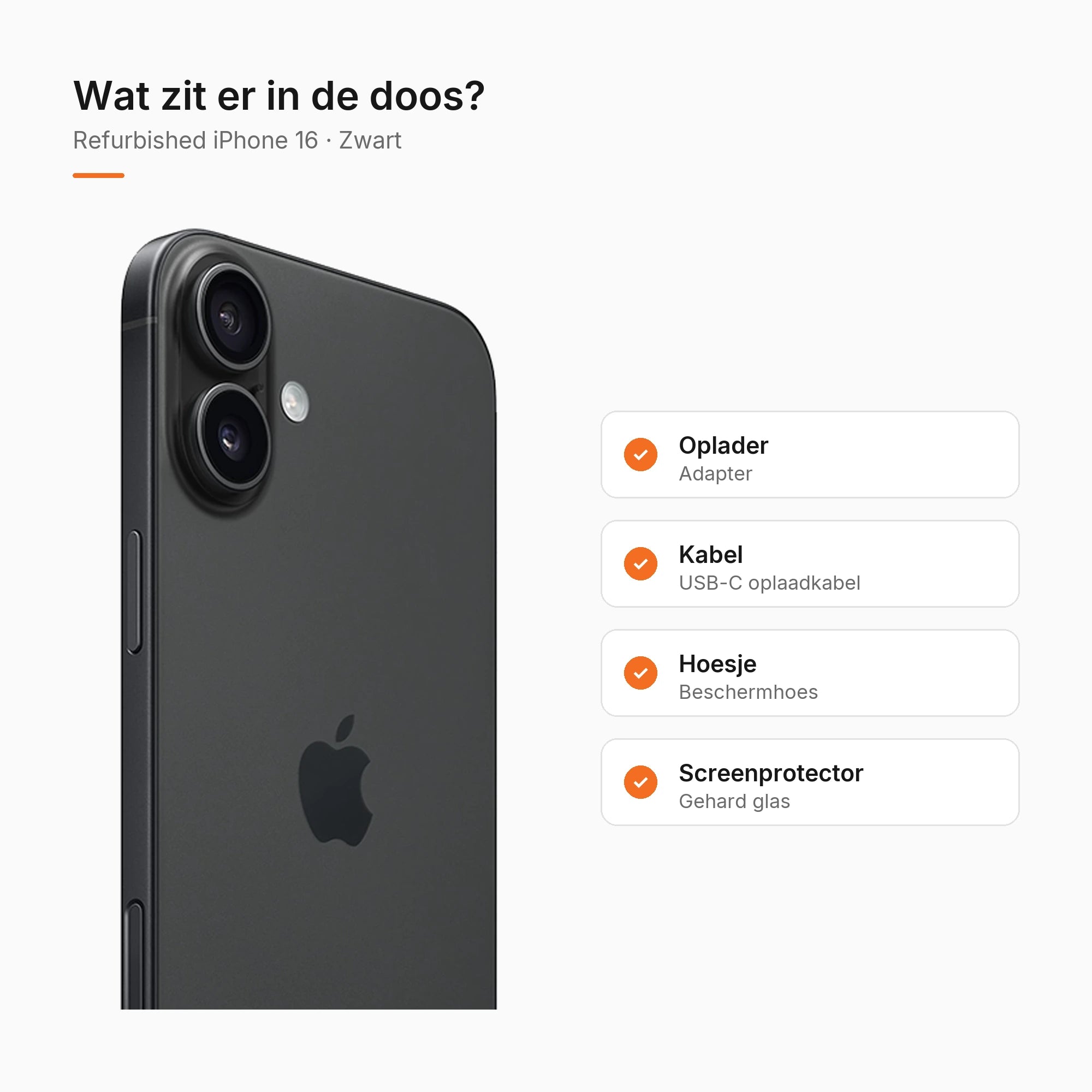 Refurbished iPhone 16 Zwart, wat zit er in de doos