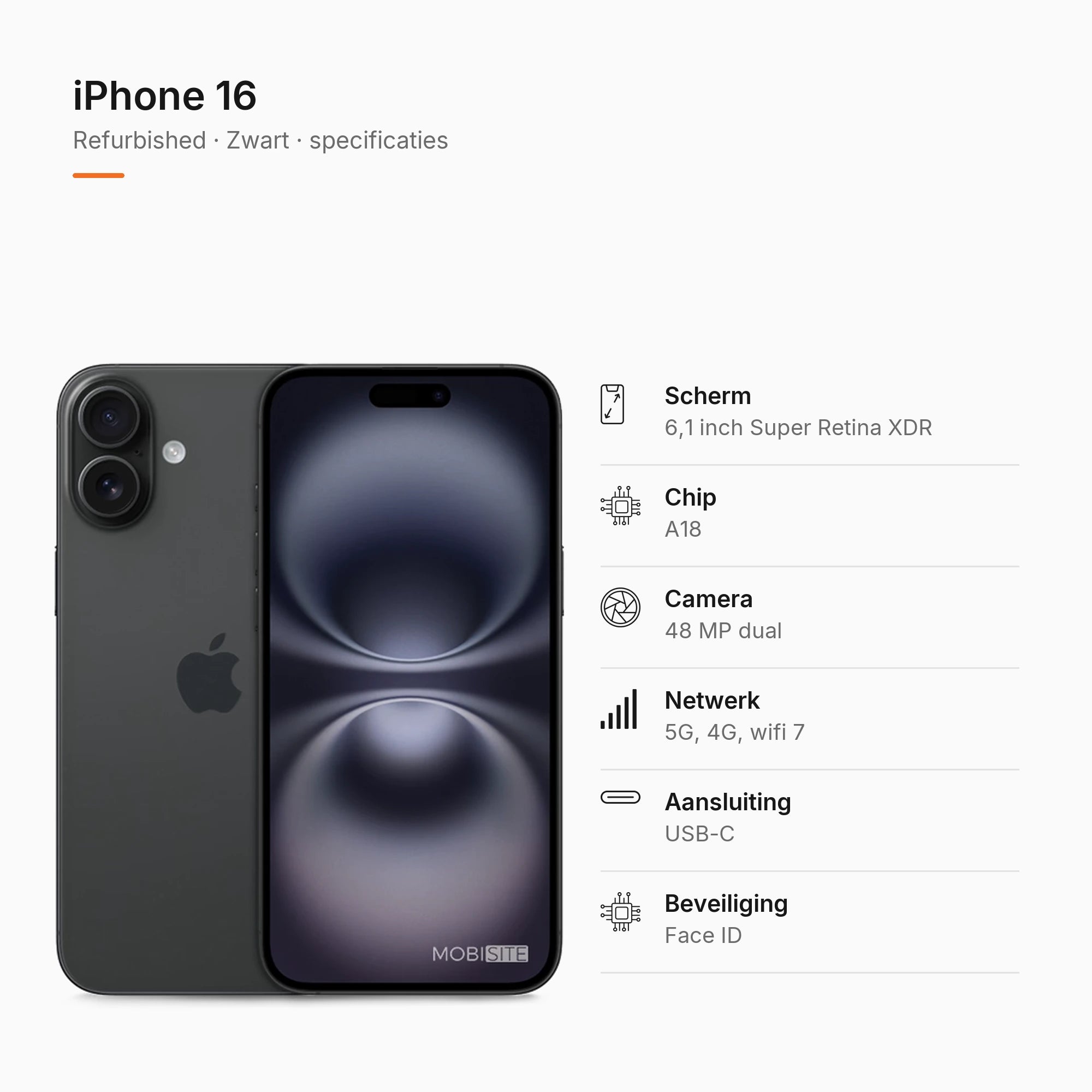 Refurbished iPhone 16 Zwart, specificaties