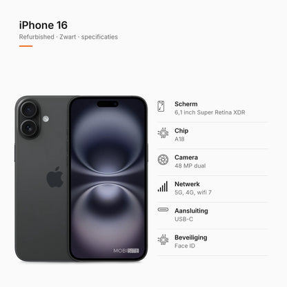 Refurbished iPhone 16 Zwart, specificaties