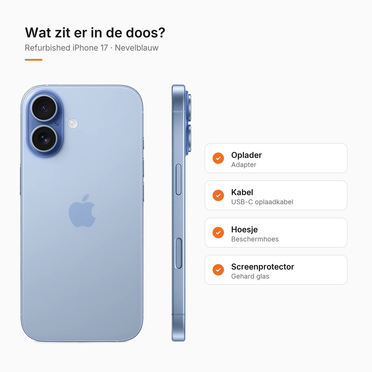 Refurbished iPhone 17 Nevelblauw, wat zit er in de doos