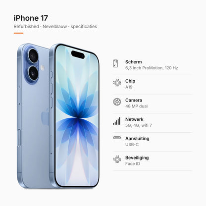 Refurbished iPhone 17 Nevelblauw, specificaties