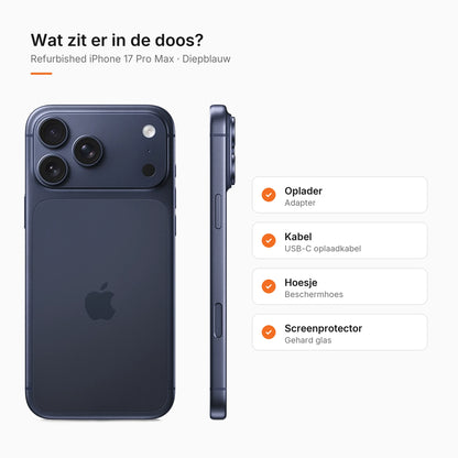 Refurbished iPhone 17 Pro Max Diepblauw, wat zit er in de doos