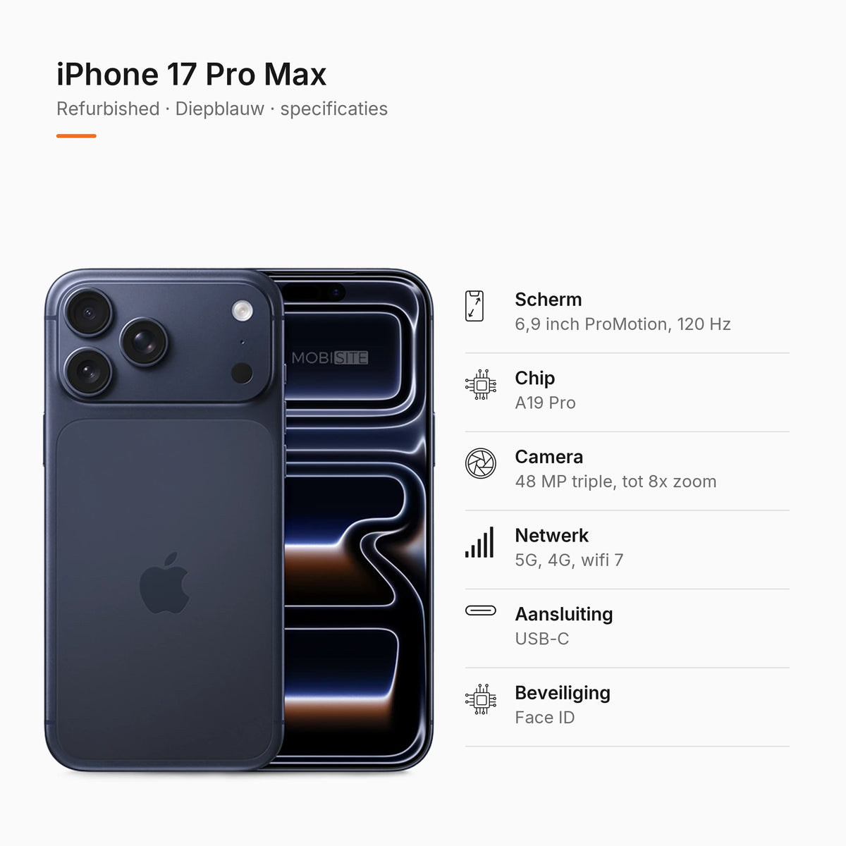 Refurbished iPhone 17 Pro Max Diepblauw, specificaties