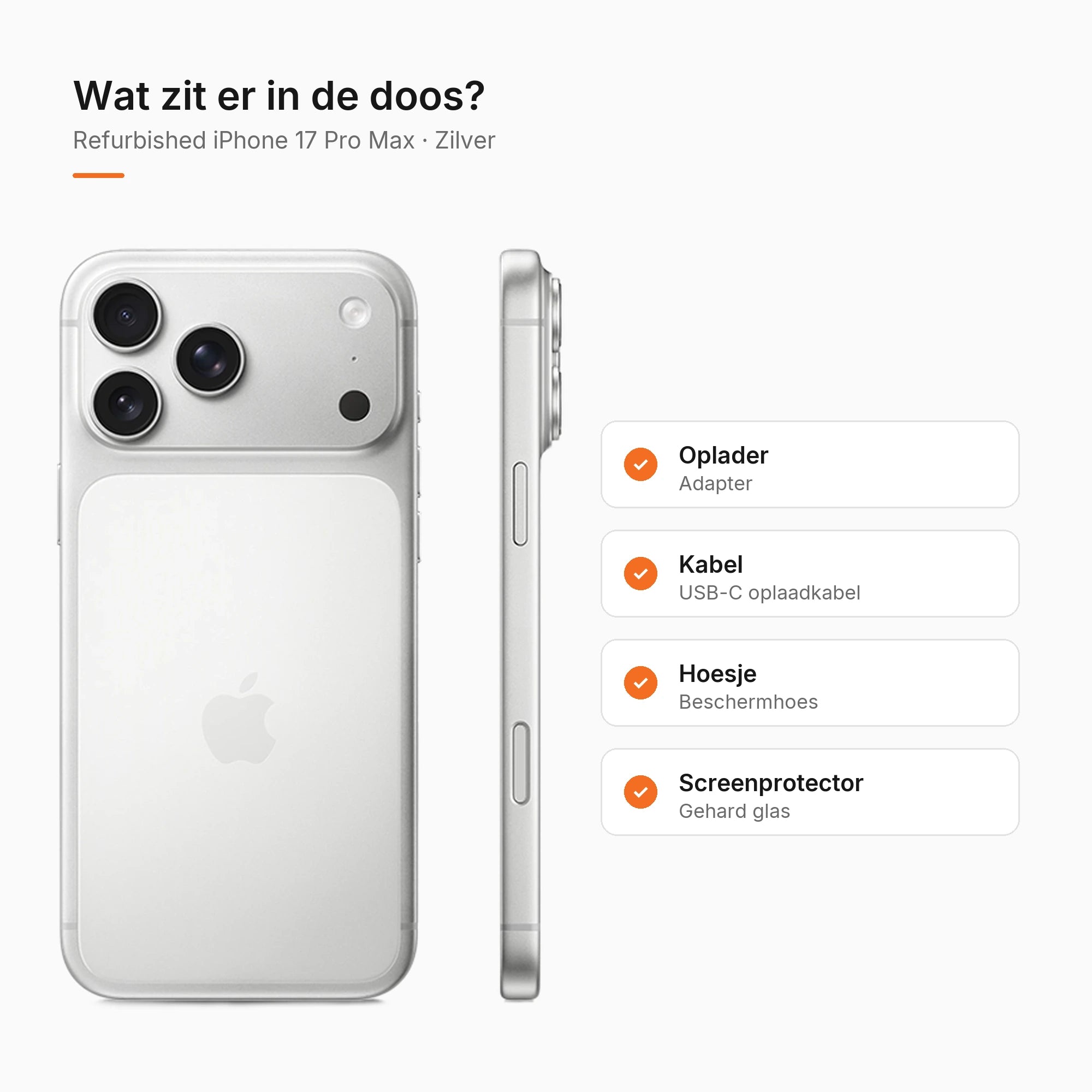 Refurbished iPhone 17 Pro Max Zilver, wat zit er in de doos