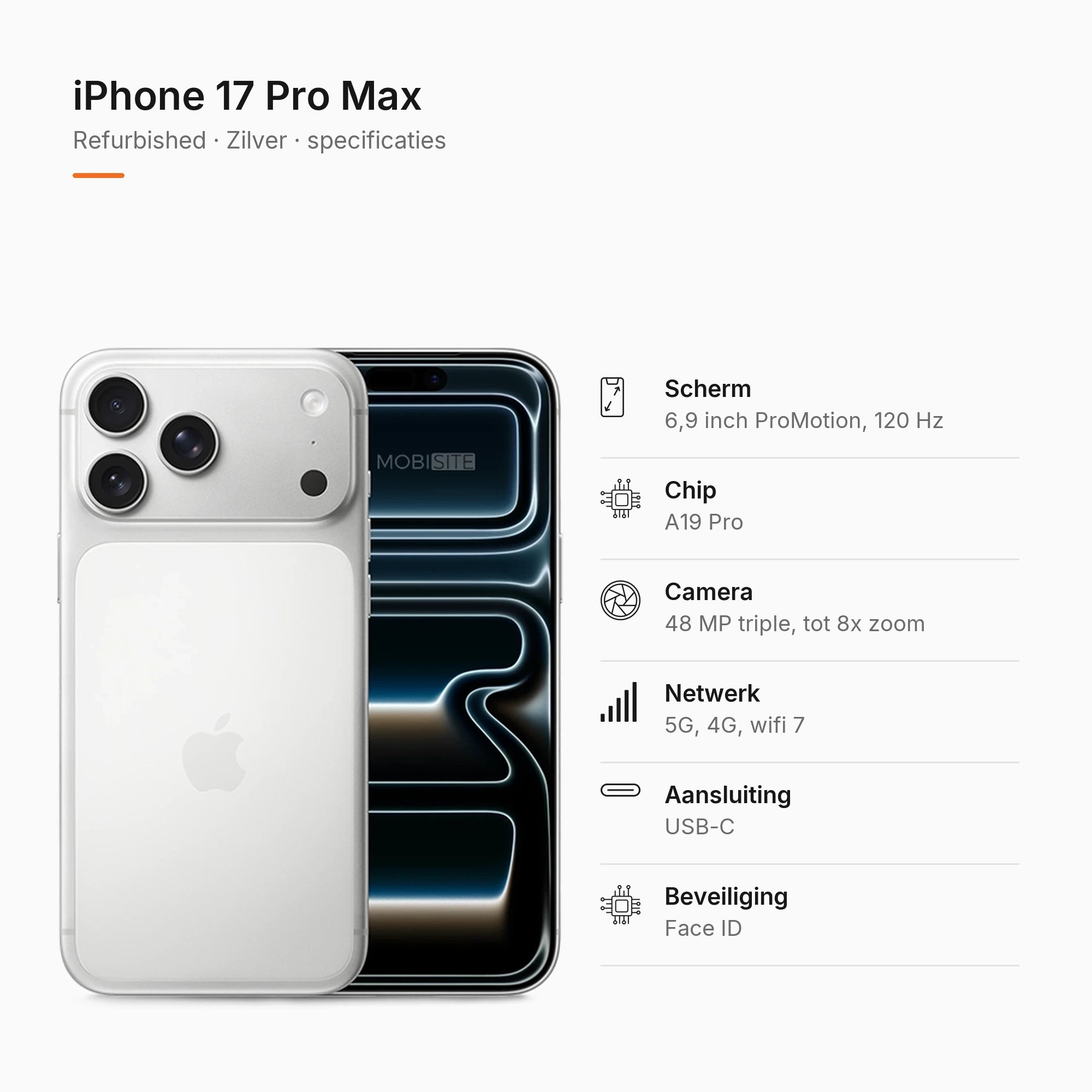 Refurbished iPhone 17 Pro Max Zilver, specificaties