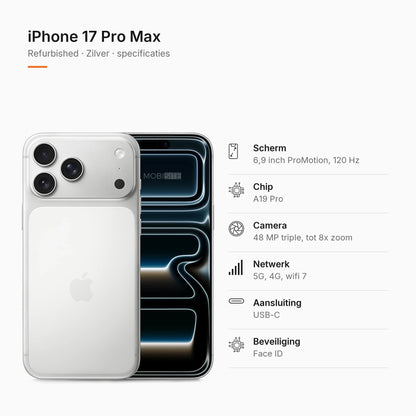 Refurbished iPhone 17 Pro Max Zilver, specificaties