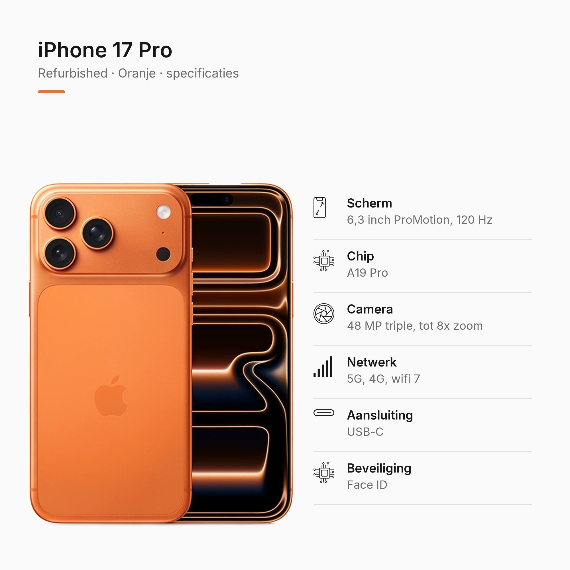 Refurbished iPhone 17 Pro Oranje, specificaties