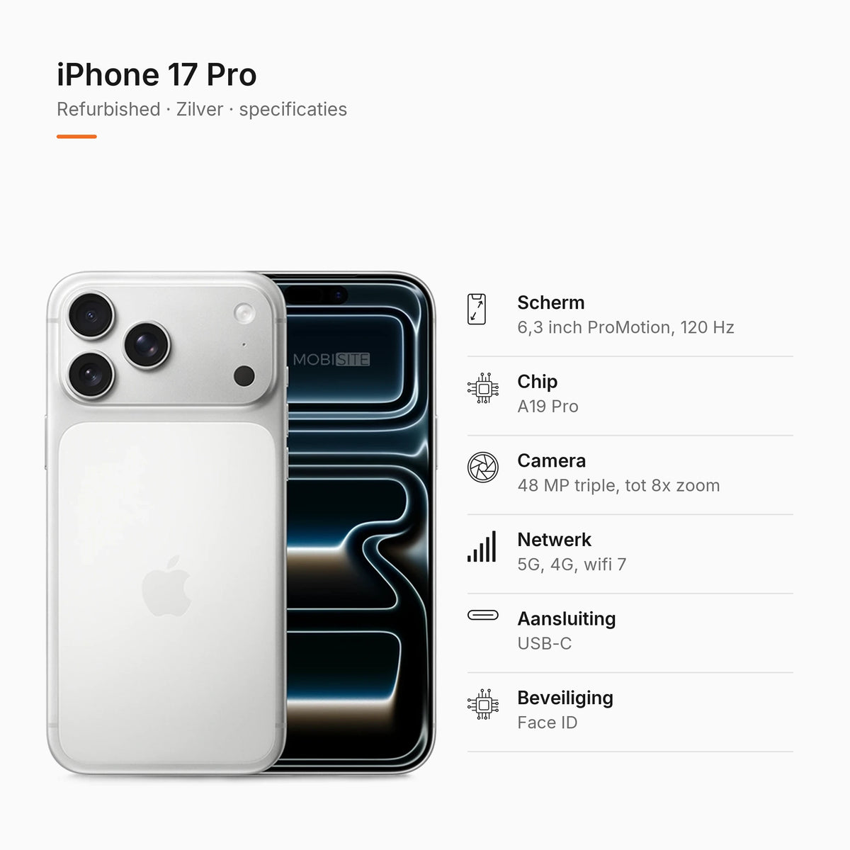 Refurbished iPhone 17 Pro Zilver, specificaties