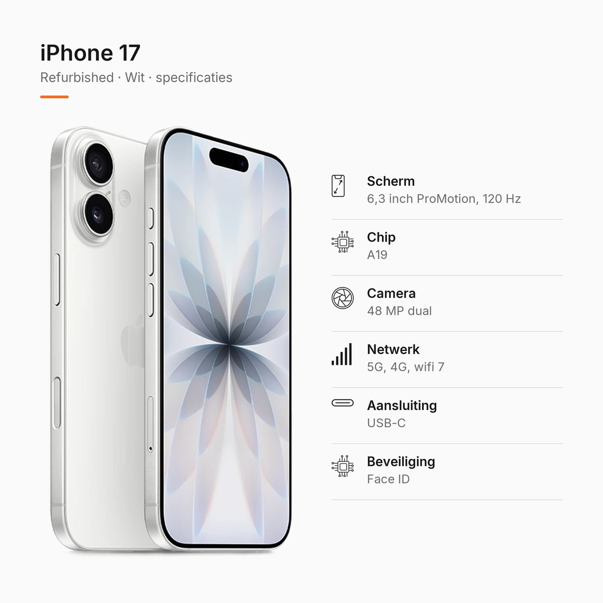 Refurbished iPhone 17 Wit, specificaties